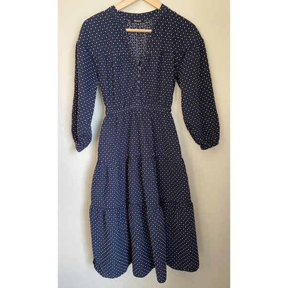 Madewell Dobby V Neck Tiered Dress Navy White Extra Small XS - Picture 2 of 6